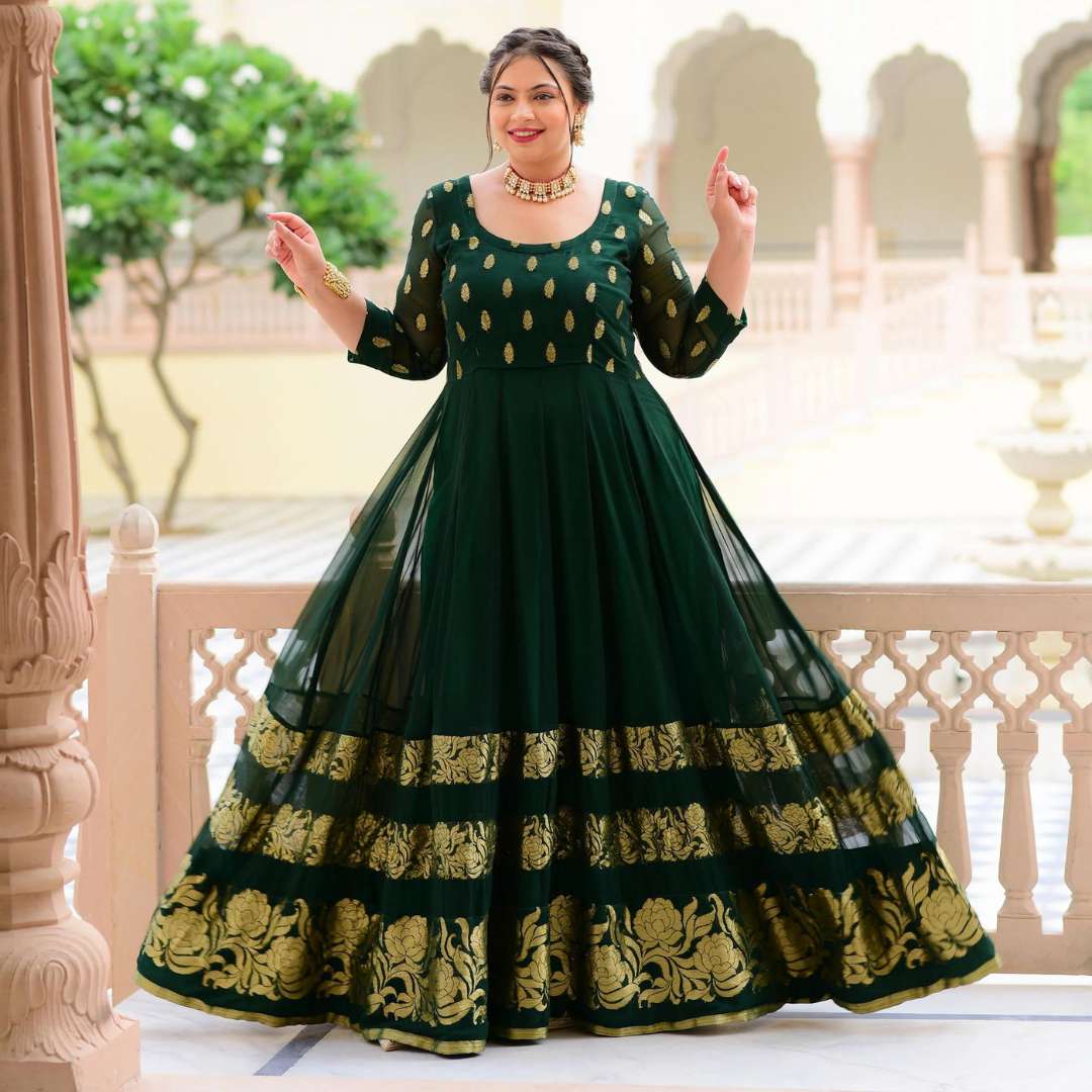 Bottle Green & Gold Panelled Banarasi Anarkali